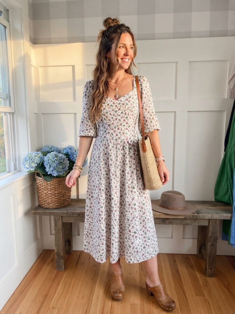 Floral White Midi Dress with Puff Sleeves XL
